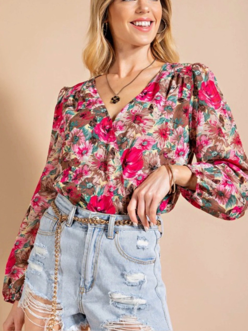 Pink Floral V-Neck Bodysuit